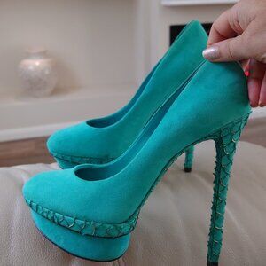 B Brian Atwood Fontanne Turquoise Ultra Suede and Snake Print Heels​